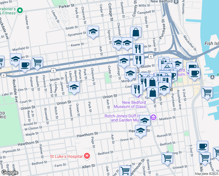 map of restaurants, bars, coffee shops, grocery stores, and more near 115 Court Street in New Bedford