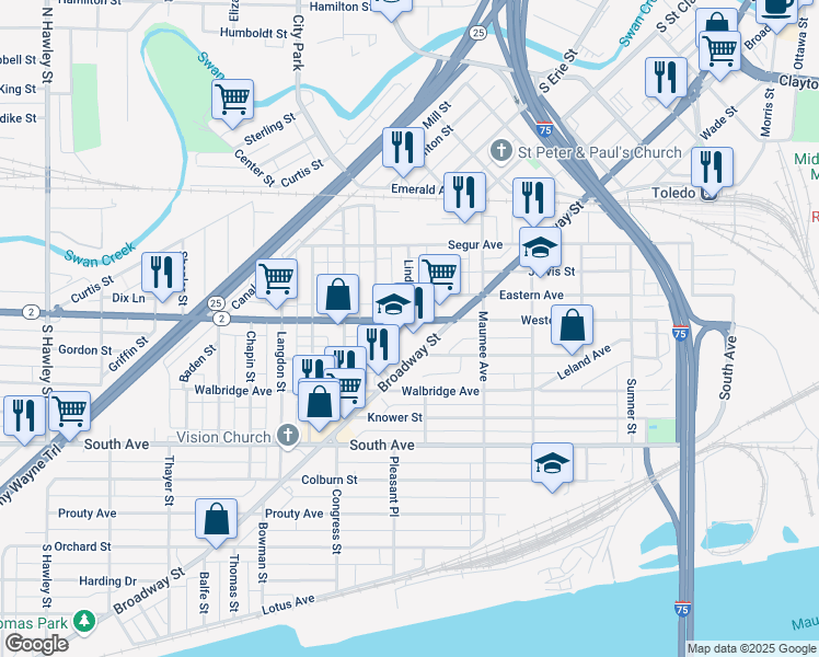 map of restaurants, bars, coffee shops, grocery stores, and more near 575 Western Avenue in Toledo