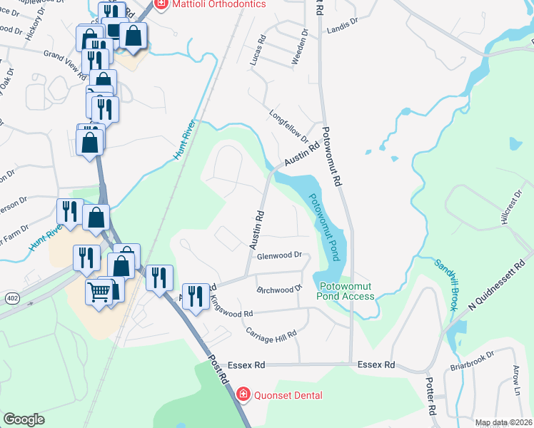 map of restaurants, bars, coffee shops, grocery stores, and more near 211 Austin Road in North Kingstown