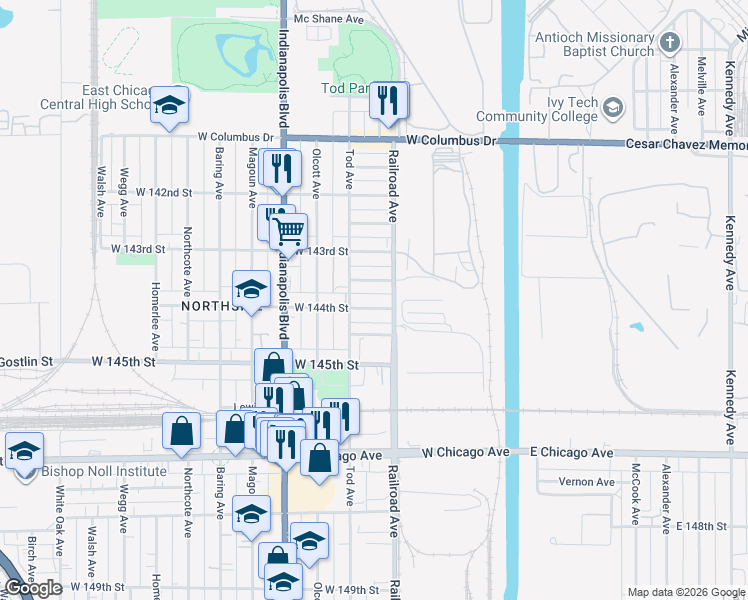 map of restaurants, bars, coffee shops, grocery stores, and more near 516 West 144th Street in East Chicago