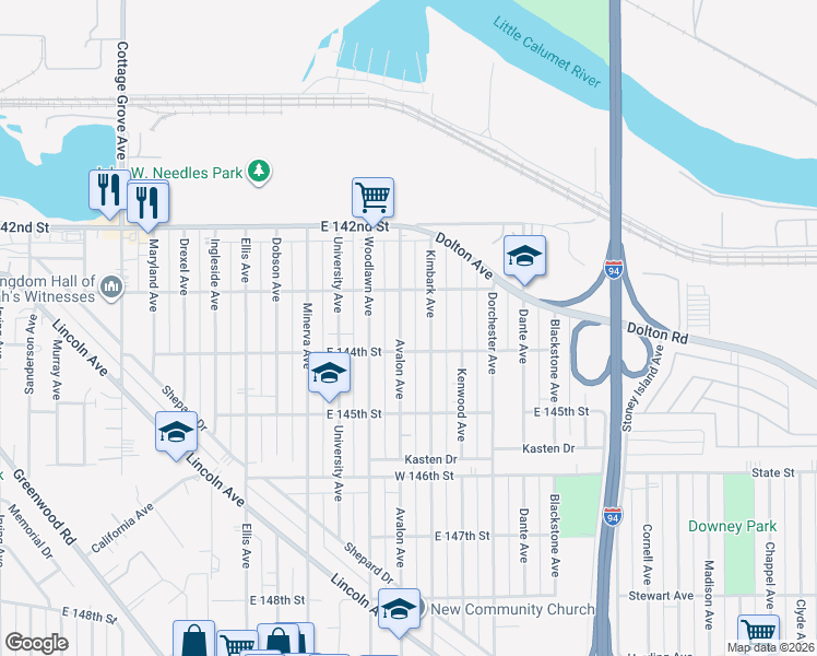 map of restaurants, bars, coffee shops, grocery stores, and more near 14337 Avalon Avenue in Dolton