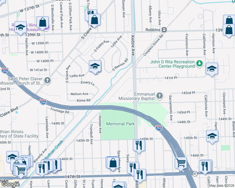 map of restaurants, bars, coffee shops, grocery stores, and more near 14222 South Spaulding Avenue in Robbins