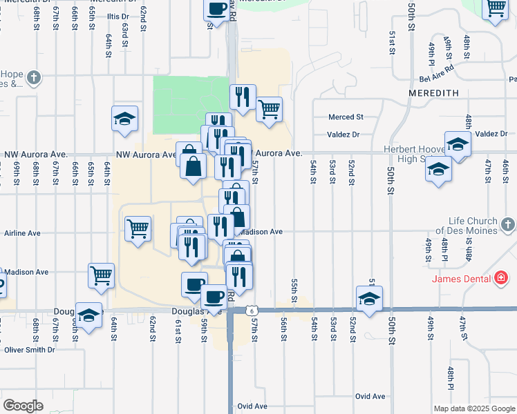 map of restaurants, bars, coffee shops, grocery stores, and more near 4033 57th Street in Des Moines