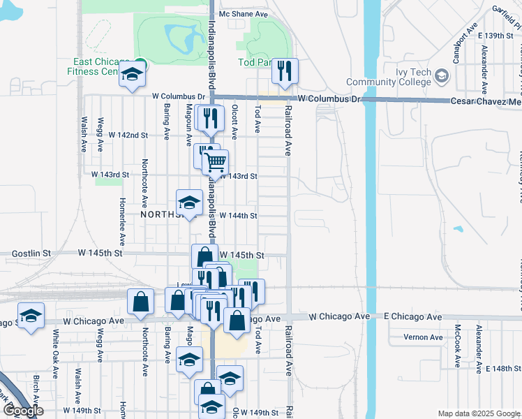 map of restaurants, bars, coffee shops, grocery stores, and more near 606 West 144th Street in East Chicago