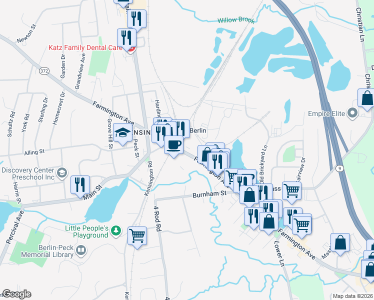 map of restaurants, bars, coffee shops, grocery stores, and more near 873 Farmington Avenue in Berlin