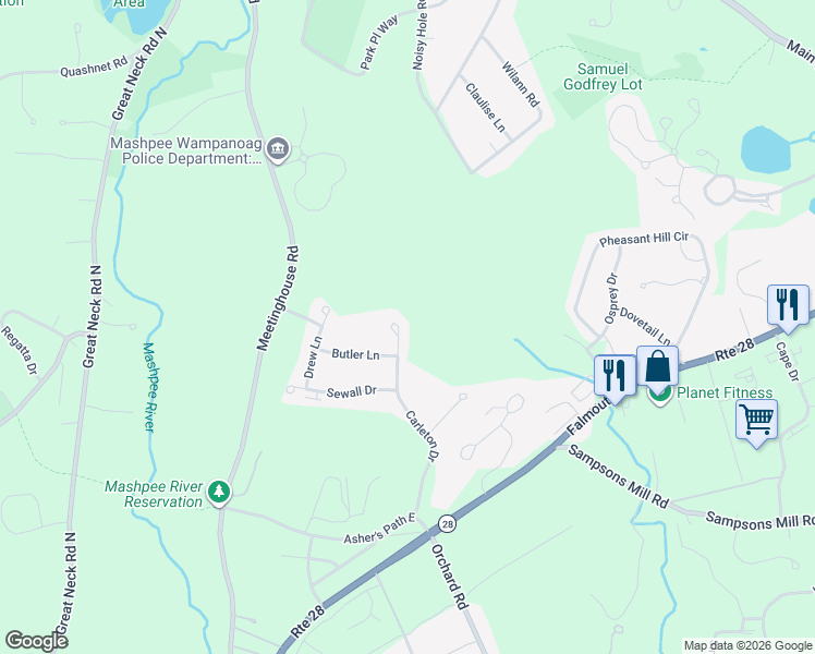 map of restaurants, bars, coffee shops, grocery stores, and more near 25 Carleton Drive in Mashpee