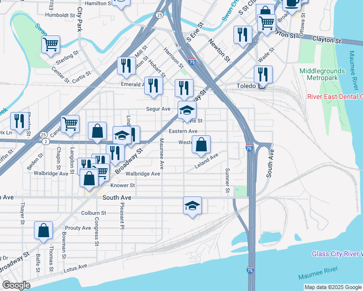 map of restaurants, bars, coffee shops, grocery stores, and more near 310 Courtland Avenue in Toledo