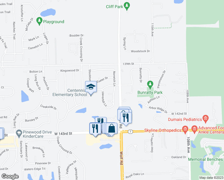 map of restaurants, bars, coffee shops, grocery stores, and more near 14014 Norwich Lane in Orland Park