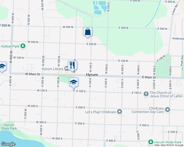 map of restaurants, bars, coffee shops, grocery stores, and more near 107 East Main Street in Hyrum