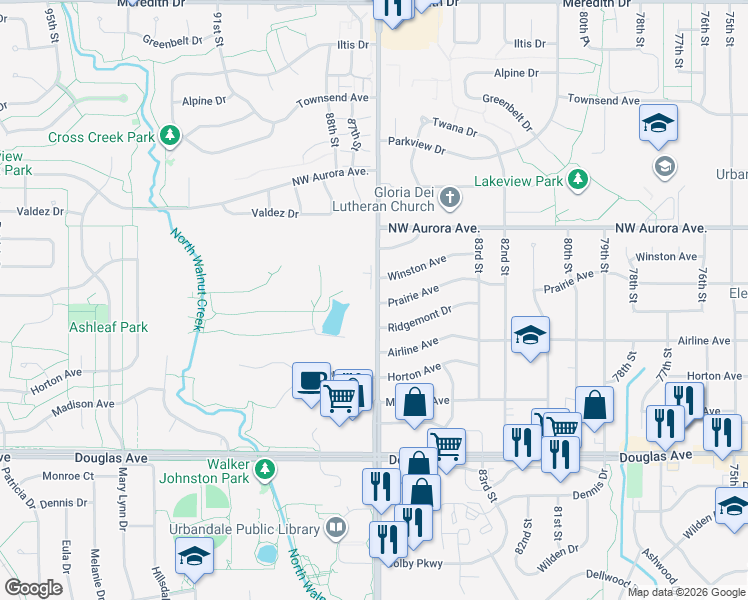 map of restaurants, bars, coffee shops, grocery stores, and more near 8516 Prairie Avenue in Urbandale