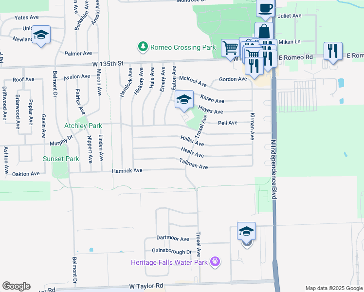 map of restaurants, bars, coffee shops, grocery stores, and more near 306 Healy Avenue in Romeoville