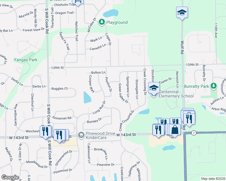 map of restaurants, bars, coffee shops, grocery stores, and more near 11620 Preston Drive in Orland Park