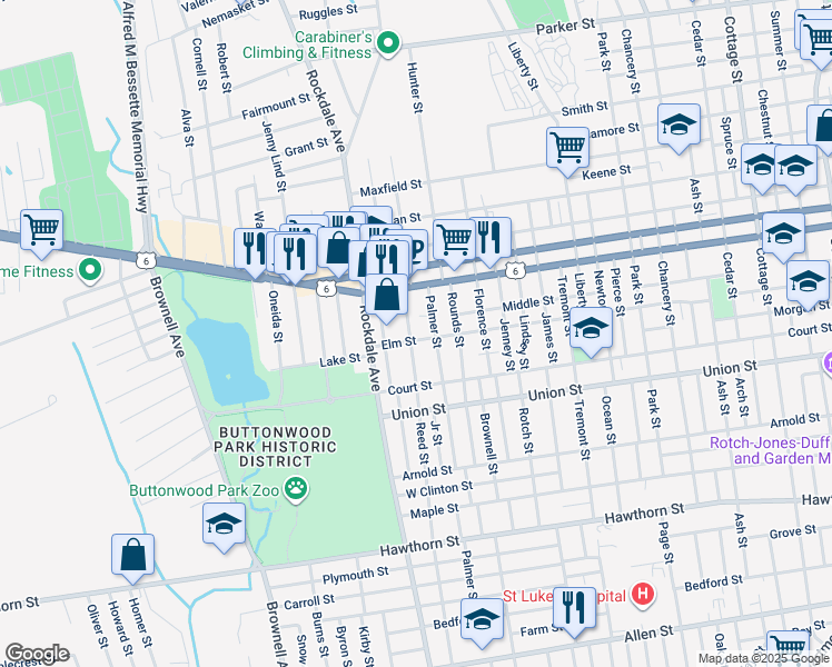 map of restaurants, bars, coffee shops, grocery stores, and more near 594 Elm Street in New Bedford