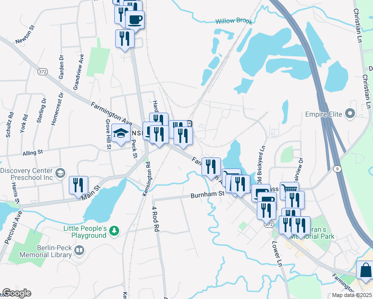 map of restaurants, bars, coffee shops, grocery stores, and more near 873 Farmington Avenue in Berlin