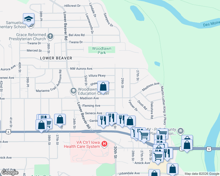 map of restaurants, bars, coffee shops, grocery stores, and more near 3024 Lawnview Drive in Des Moines