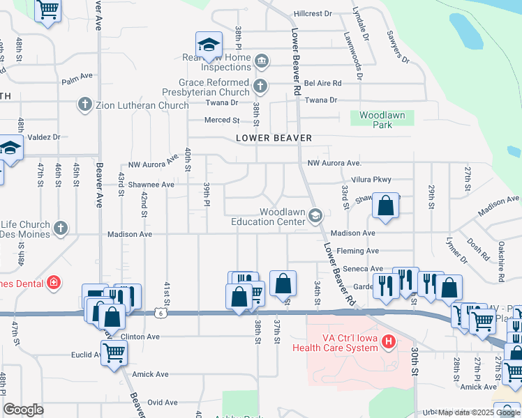 map of restaurants, bars, coffee shops, grocery stores, and more near 4024 36th Place in Des Moines