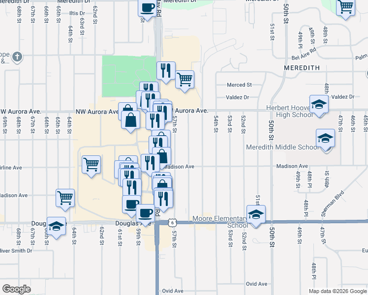 map of restaurants, bars, coffee shops, grocery stores, and more near 4025 57th Street in Des Moines