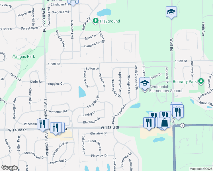 map of restaurants, bars, coffee shops, grocery stores, and more near 11620 Preston Drive in Orland Park