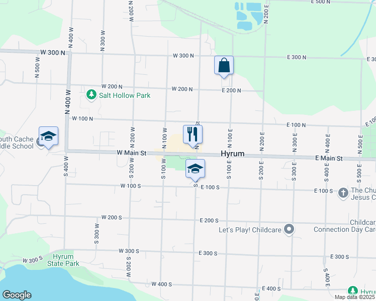 map of restaurants, bars, coffee shops, grocery stores, and more near 26 West Main Street in Hyrum