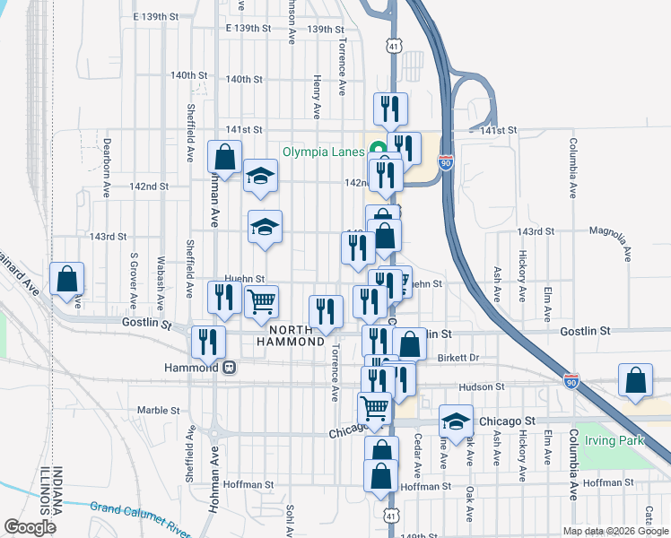 map of restaurants, bars, coffee shops, grocery stores, and more near 4338 Torrence Avenue in Hammond