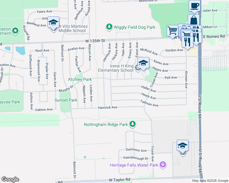 map of restaurants, bars, coffee shops, grocery stores, and more near 417 Healy Avenue in Romeoville
