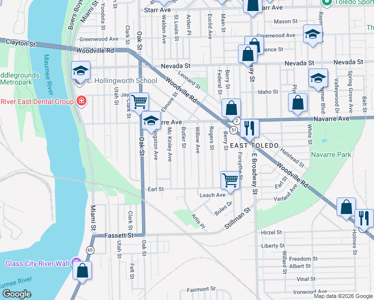 map of restaurants, bars, coffee shops, grocery stores, and more near 863 Butler Street in Toledo