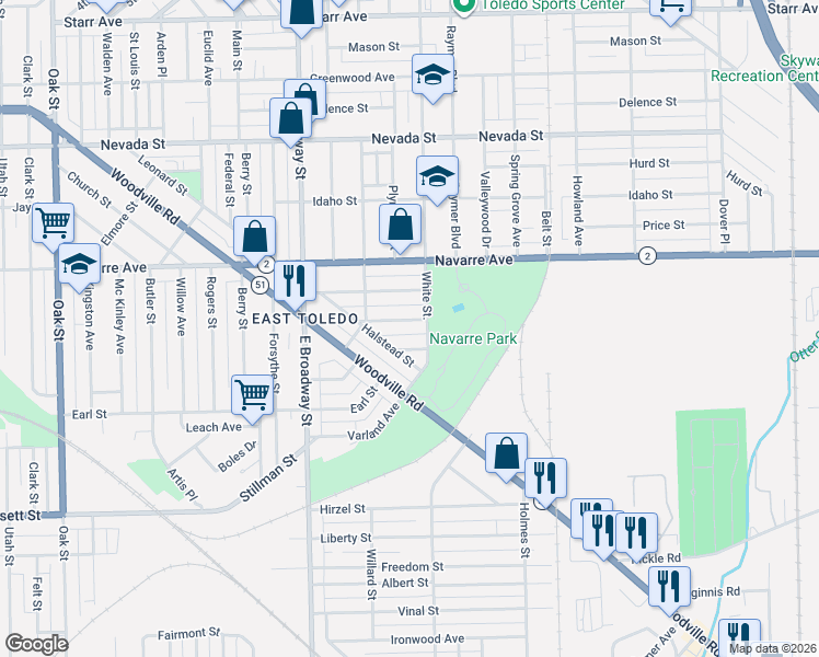 map of restaurants, bars, coffee shops, grocery stores, and more near 1014 White Street in Toledo