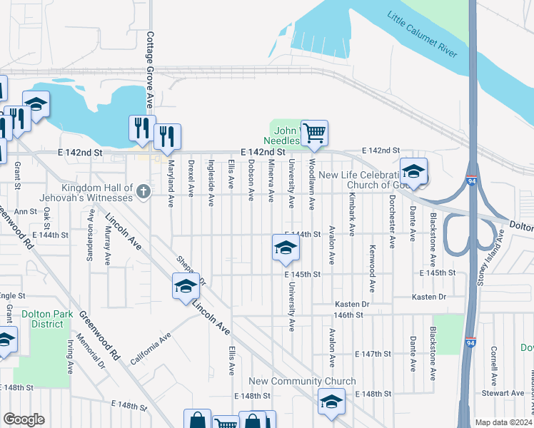 map of restaurants, bars, coffee shops, grocery stores, and more near 14324 Minerva Avenue in Dolton