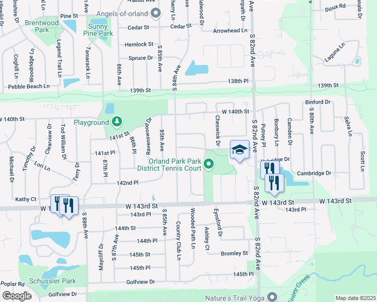 map of restaurants, bars, coffee shops, grocery stores, and more near 8350 Margerita Avenue in Orland Park