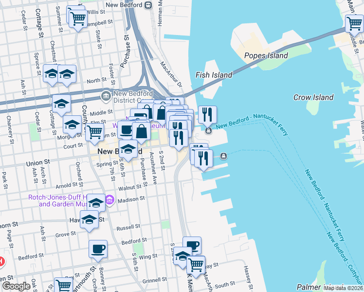 map of restaurants, bars, coffee shops, grocery stores, and more near 66 Massachusetts 18 in New Bedford