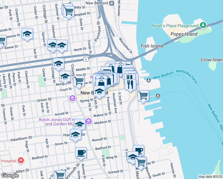map of restaurants, bars, coffee shops, grocery stores, and more near 128 Union Street in New Bedford