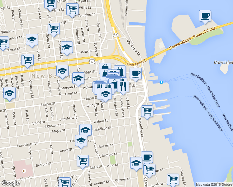 map of restaurants, bars, coffee shops, grocery stores, and more near 770 Purchase Street in New Bedford