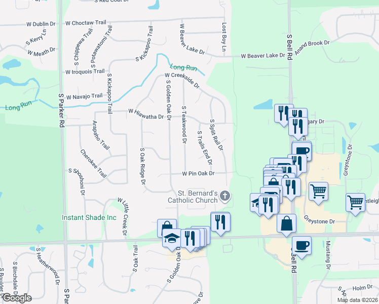map of restaurants, bars, coffee shops, grocery stores, and more near 14012 South Teakwood Drive in Homer Glen