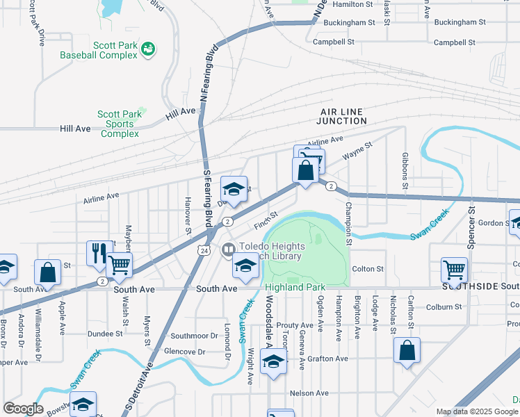 map of restaurants, bars, coffee shops, grocery stores, and more near 1811 Airport Highway in Toledo