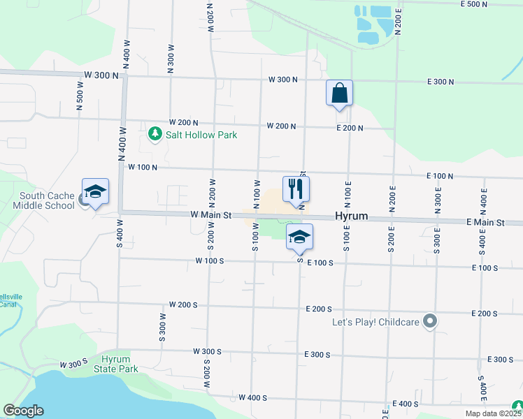 map of restaurants, bars, coffee shops, grocery stores, and more near 98 West Main Street in Hyrum