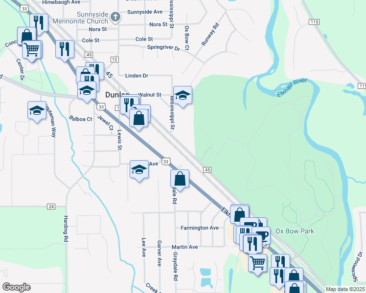 map of restaurants, bars, coffee shops, grocery stores, and more near 23525 Co Road 45 in Elkhart