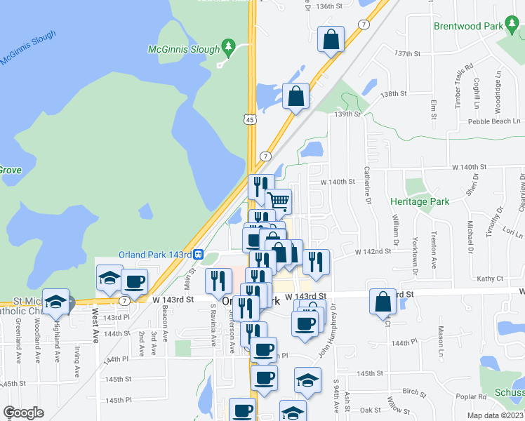 map of restaurants, bars, coffee shops, grocery stores, and more near 14035 South La Grange Road in Orland Park