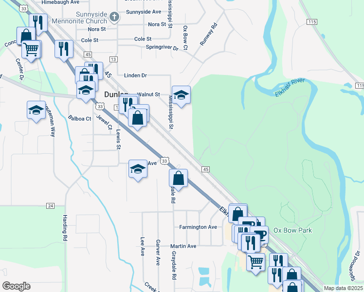 map of restaurants, bars, coffee shops, grocery stores, and more near 23525 Co Road 45 in Elkhart