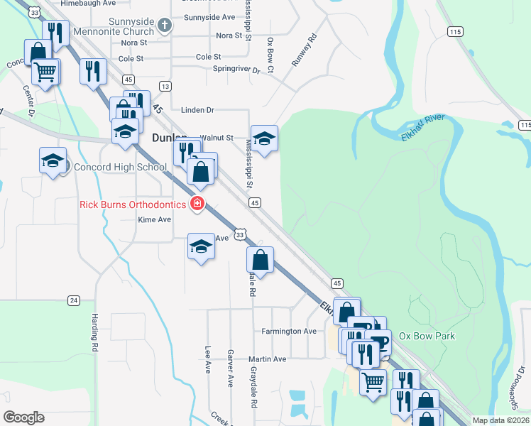 map of restaurants, bars, coffee shops, grocery stores, and more near 23525 Co Road 45 in Elkhart