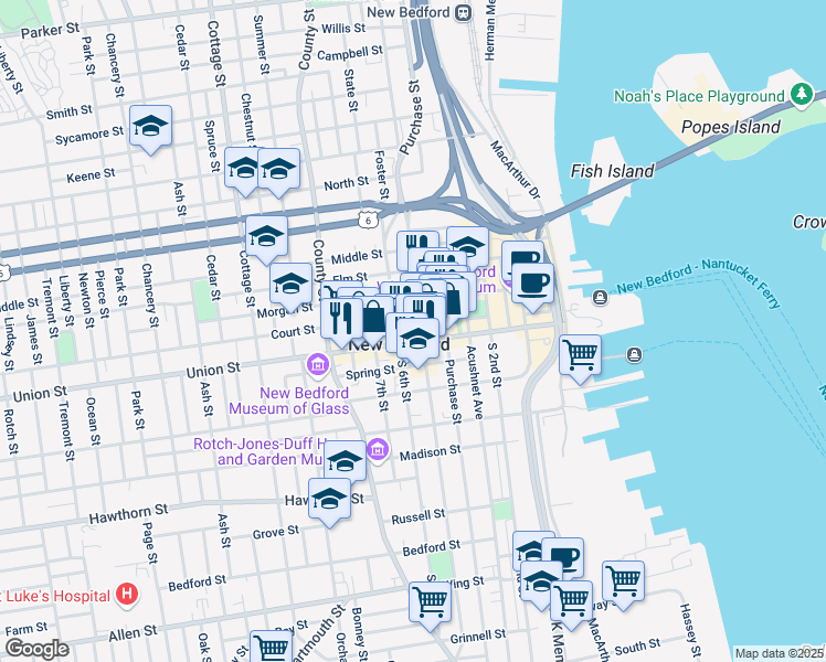 map of restaurants, bars, coffee shops, grocery stores, and more near in New Bedford