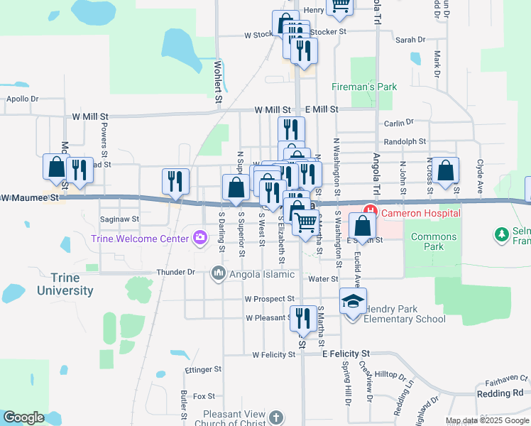 map of restaurants, bars, coffee shops, grocery stores, and more near 108 South West Street in Angola