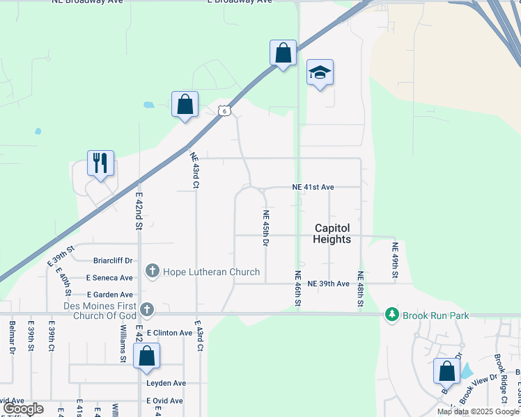 map of restaurants, bars, coffee shops, grocery stores, and more near 4060 Northeast 45th Drive in Des Moines