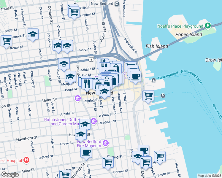 map of restaurants, bars, coffee shops, grocery stores, and more near 749 Purchase Street in New Bedford