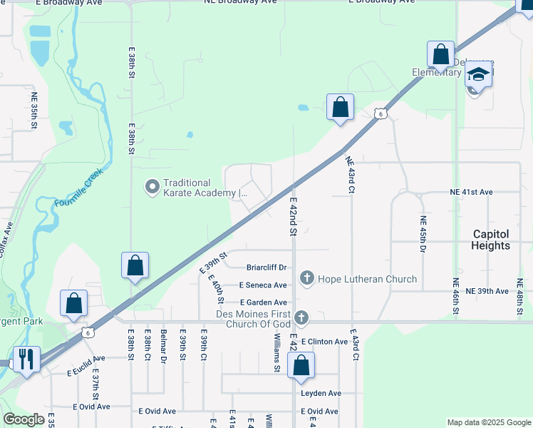 map of restaurants, bars, coffee shops, grocery stores, and more near 4105 Hubbell Avenue in Des Moines