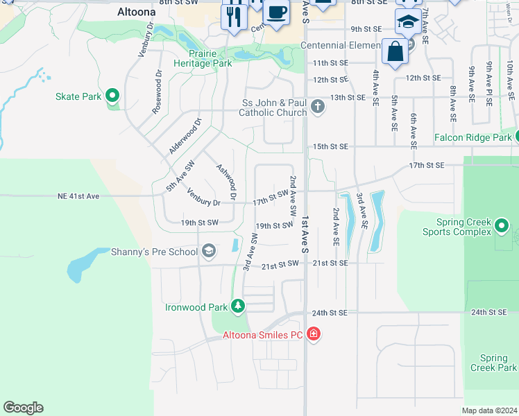 map of restaurants, bars, coffee shops, grocery stores, and more near 234 17th Street Southwest in Altoona