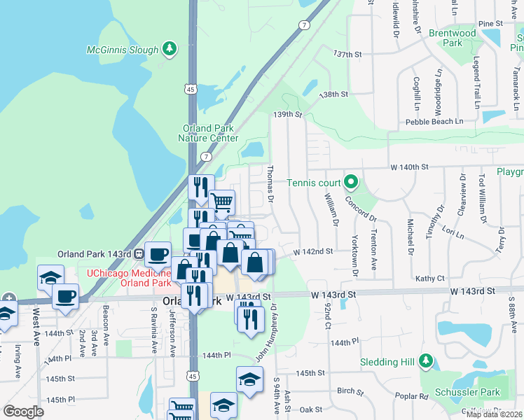 map of restaurants, bars, coffee shops, grocery stores, and more near 9407 West 141st Street in Orland Park