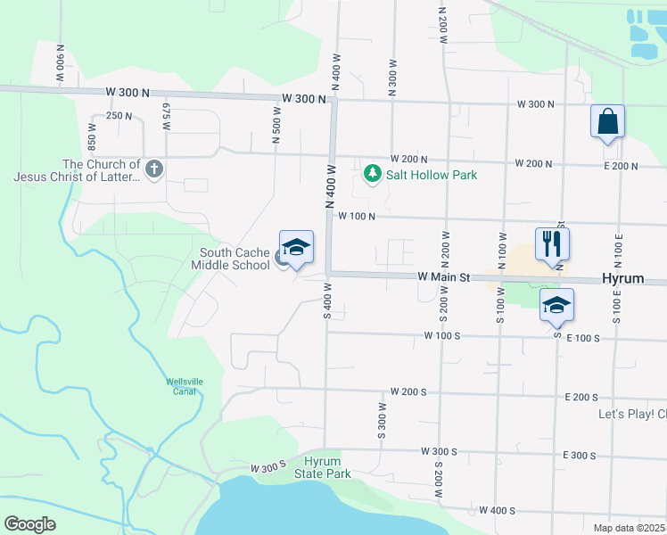 map of restaurants, bars, coffee shops, grocery stores, and more near 6 North 400 West in Hyrum