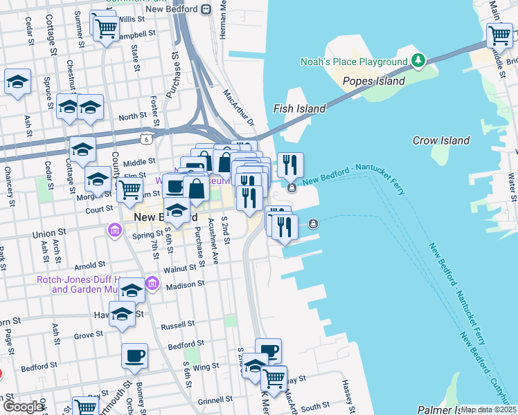 map of restaurants, bars, coffee shops, grocery stores, and more near 66 Massachusetts 18 in New Bedford
