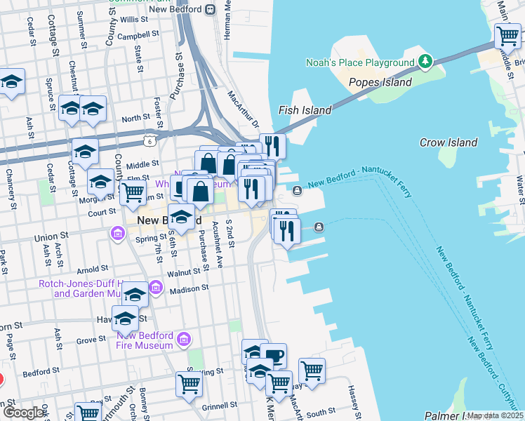 map of restaurants, bars, coffee shops, grocery stores, and more near 66 Massachusetts 18 in New Bedford