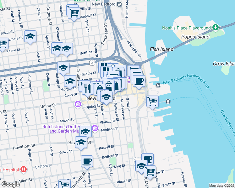 map of restaurants, bars, coffee shops, grocery stores, and more near 770 Purchase Street in New Bedford